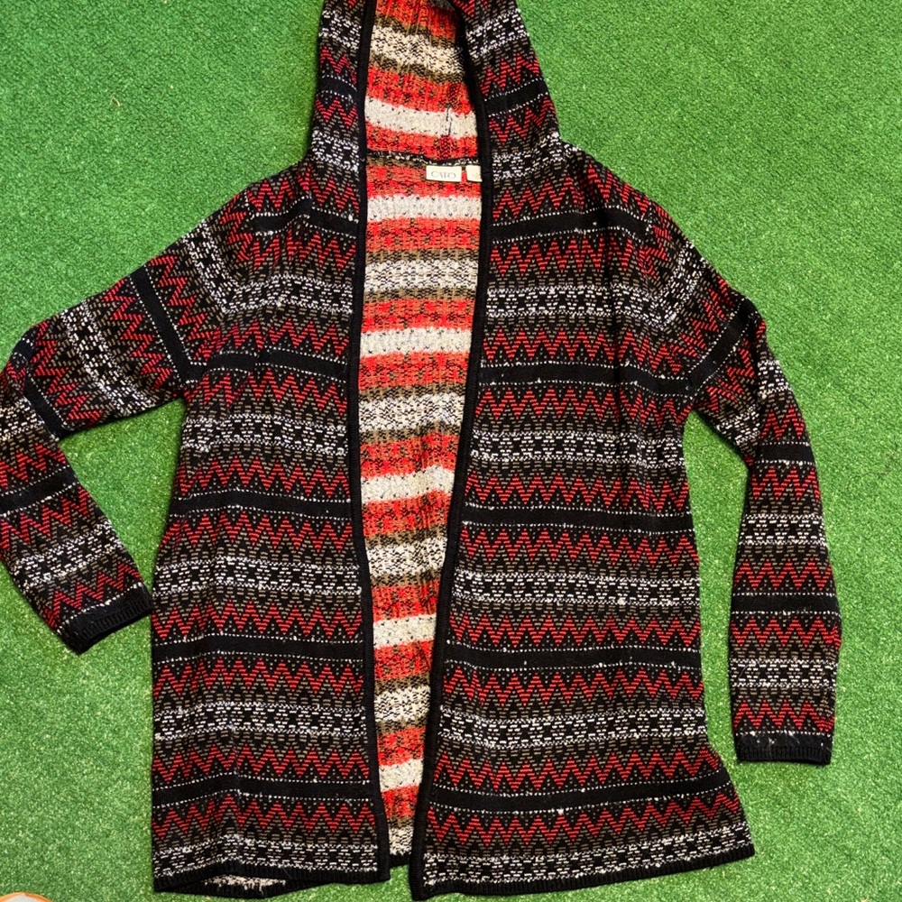 Cato Hooded Cardigan with Red and Black Zigzag